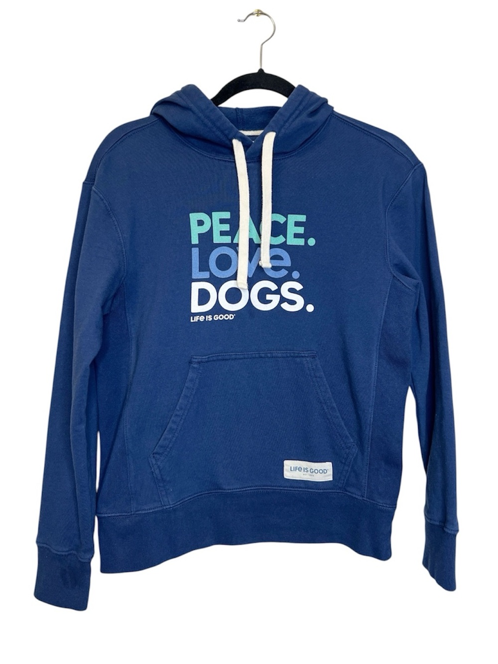 LIFE IS GOOD Peace Love Dogs Blue Hoodie Sweatshirt size XS
